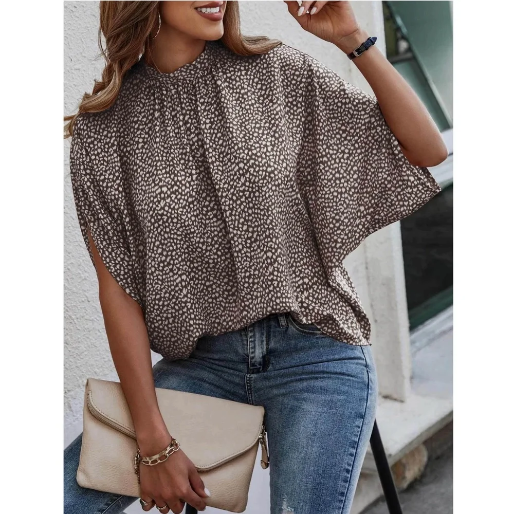 Spotted Print Brown Beige Blouse Top Flowy, High Neck - Picture 2 of 7